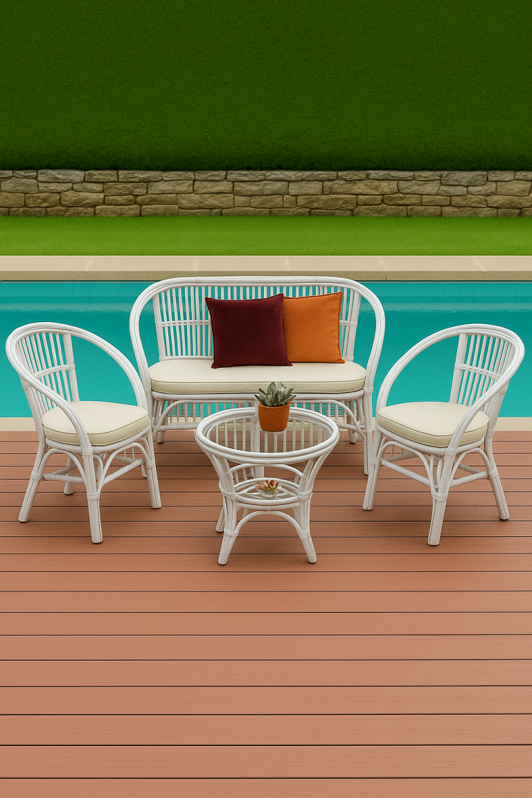 Modern outdoor seating Modern outdoor seating area by a pool.