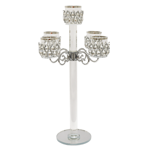 5 Cup Candelabra Silver with Teardrop Crystals