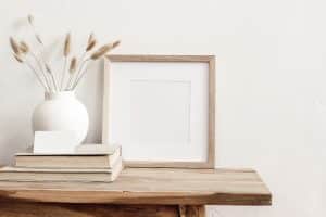 Square,Wooden,Frame,Mockup,On,Vintage,Bench,,Table.,Modern,White