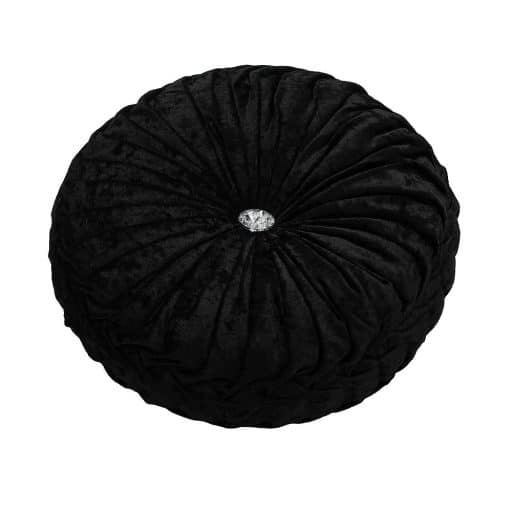 Round Crushed Velvet Cushion with Jewel Centre 35cm - Black