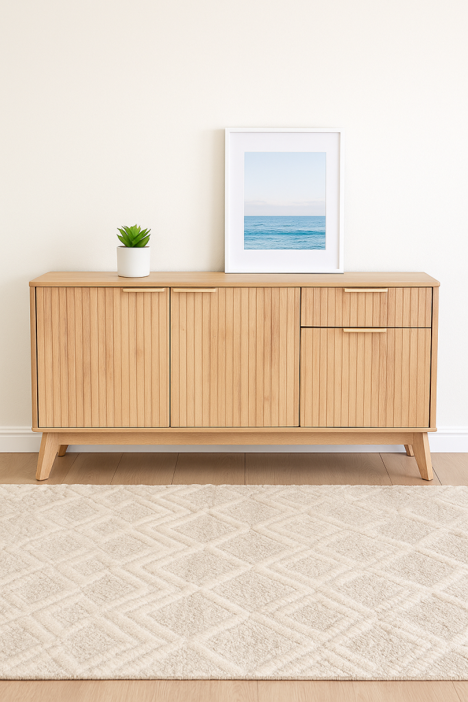 Modern wooden cabinet with framed ocean photo
