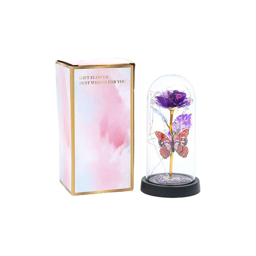 Purple flower gift in decorative display box.