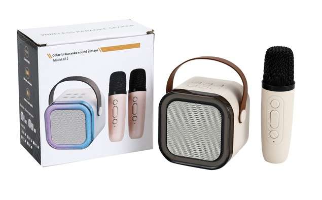 Colorful karaoke sound system with microphone.