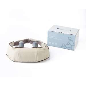 Compact neck massager with adjustable straps and packaging.