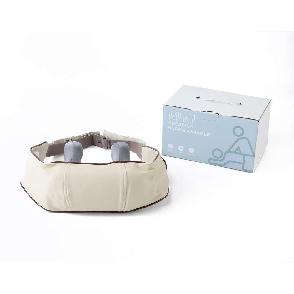 Compact neck massager with adjustable straps and packaging.
