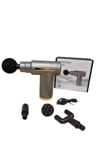 Massage gun with interchangeable attachments and charger.
