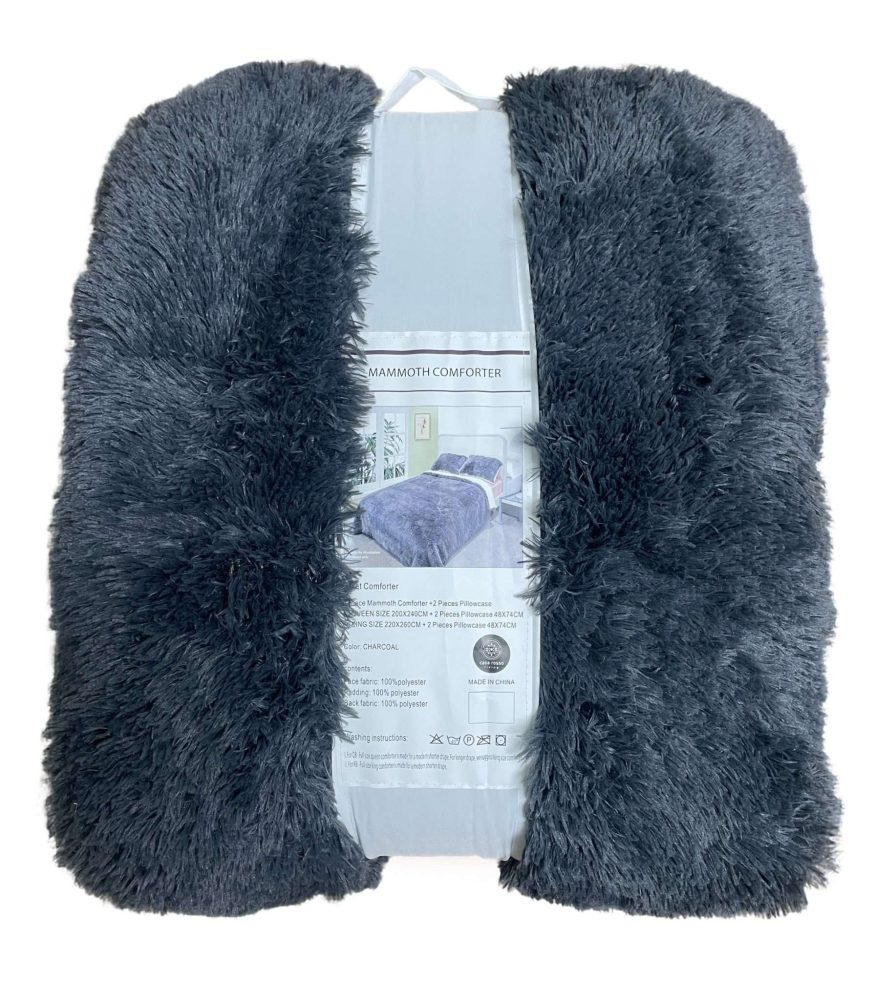 Charcoal fluffy mammoth comforter with two pillowcases.