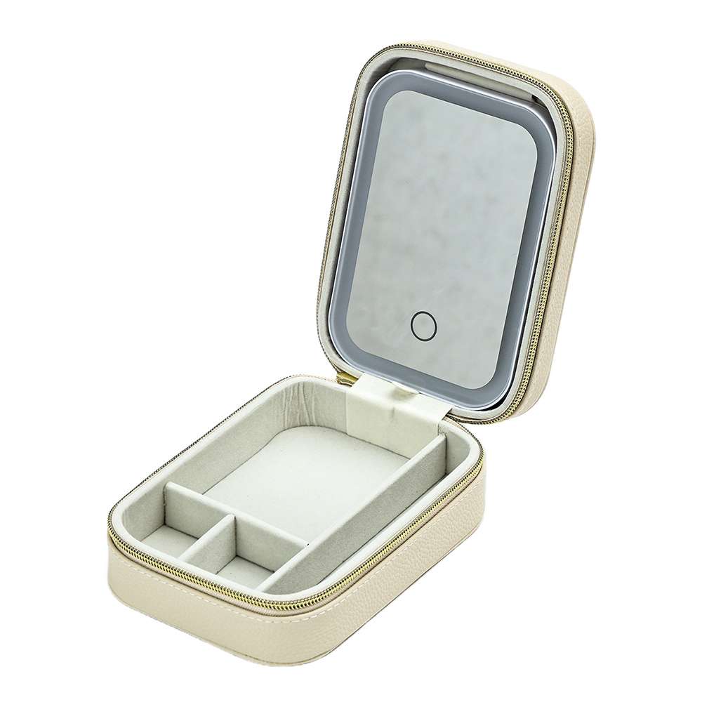 Cream jewelry case with mirror and compartments