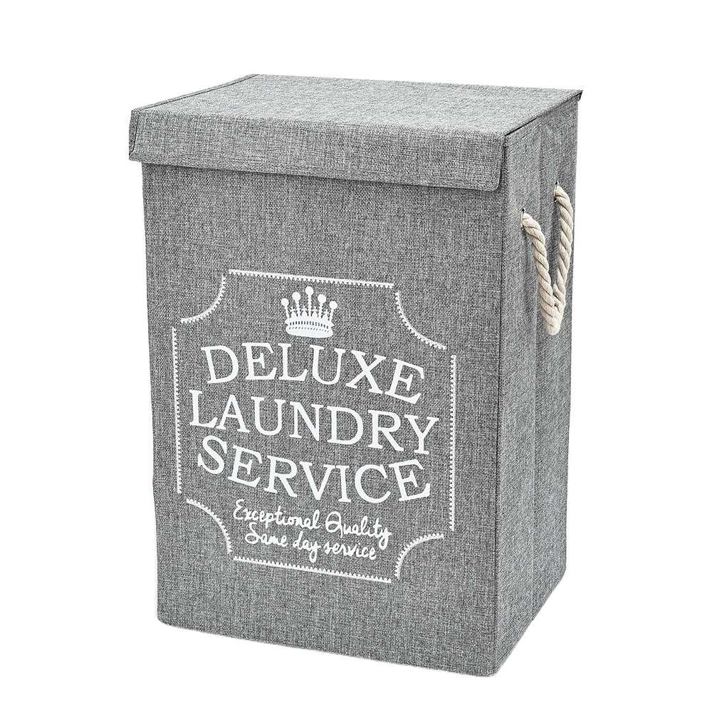 Gray fabric laundry hamper with rope handles and lid