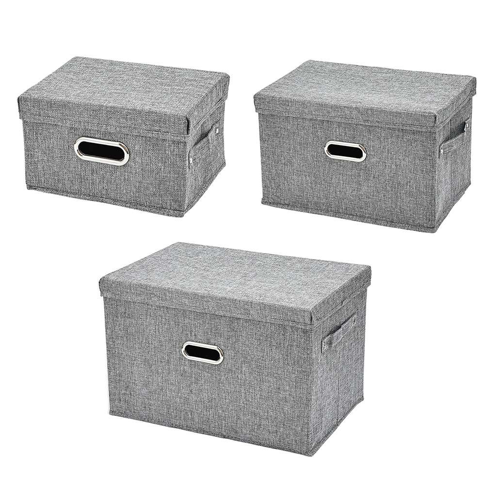 Three gray fabric storage boxes with lids and handles