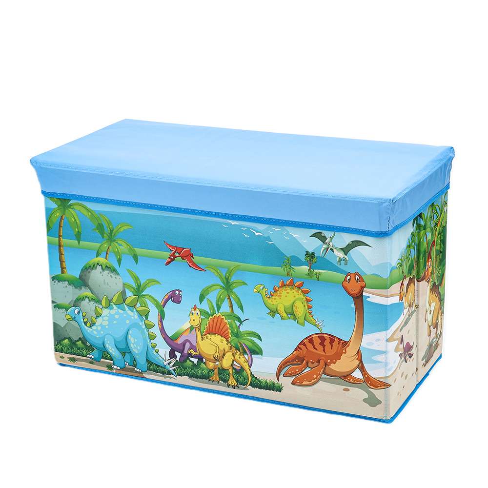 Blue dinosaur-themed fabric storage ottoman with padded lid